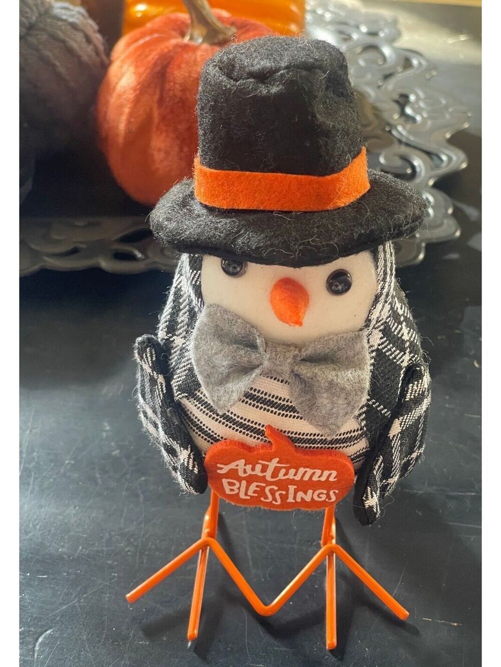 Autumn Blessings Decorative Bird Figurine with Black Hat and Plaid Body